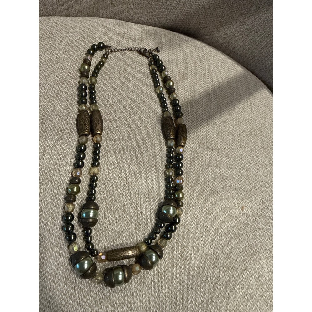 Vintage Beaded Necklace 18" Green Bronze Double Strand Boho Statement Earthy